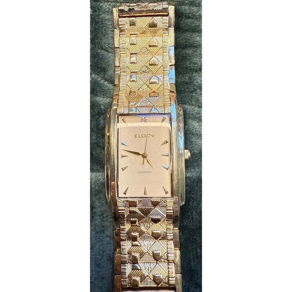 ELGIN Watch Diamond cut Band Stunning Gold Tone watch Tank men's